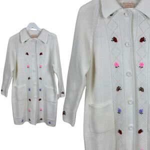 Vintage Knit Fashion Inc Long Button Knitted Sweater Sewn Butterflies, Flowers M